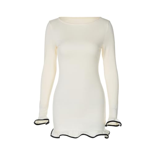 GDKRTNAJ Elegantes, figurbetontes Damenkleid mit U-Boot-Ausschnitt und Langen Ärmeln aus Spitze, langärmliges Party-Minikleid mit Rüschensaum (White,L) von GDKRTNAJ