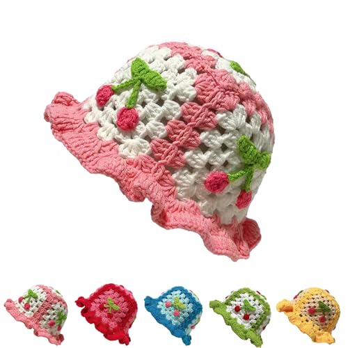 GDKRTNAJ Erdbeerkuchen-Mütze, gehäkelter Fischerhut, gestrickter Strandhut mit Blumenmuster, süße handgemachte Beanies (Pink,One Size) von GDKRTNAJ