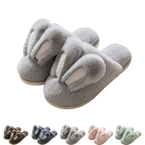 GDKRTNAJ Hasen-Hausschuhe für Damen und Herren, süße, rutschfeste, Flauschige Hausschuhe mit Hasenohren, weiche Plüsch-Hausschuhe mit Cartoon-Tiermotiv (Light Grey,40/41) von GDKRTNAJ