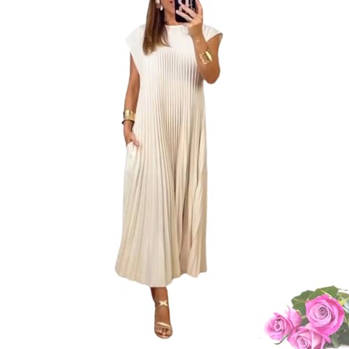 GDKRTNAJ Reposaltrust Plisseekleid, Plisseekleid für Damen in Schlichter, einfarbiger Farbe, lässiges, fließendes Plisseekleid mit Rundhalsausschnitt (Beige,S) von GDKRTNAJ