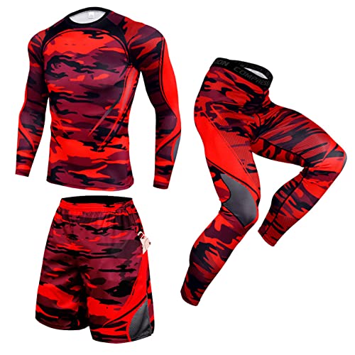 3 Stück Herren Sport Running Set Kompressionsshirt Hose Hautdicht Lange Ärmel Schnell Trocken Fitness Trainingsanzug Gym Yoga Anzüge Laufanzug Radfahren Set (SK01,M) von GEBIN