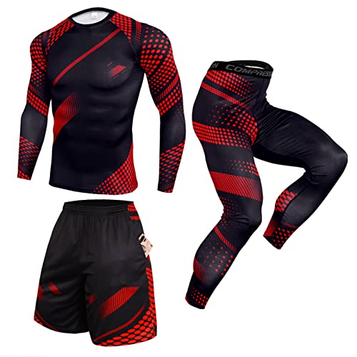 3 Stück Herren Sport Running Set Kompressionsshirt Hose Hautdicht Lange Ärmel Schnell Trocken Fitness Trainingsanzug Gym Yoga Anzüge Laufanzug Radfahren Set (SK02,3XL) von GEBIN