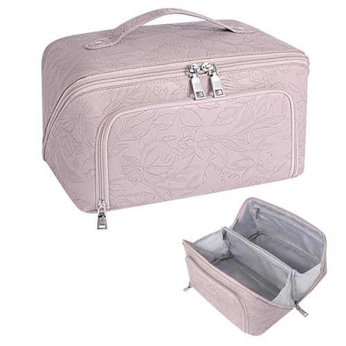 GERYUAEG Reise-Make-up-Tasche, große Kapazität, Kosmetiktasche für Damen, wasserdichtes Futter und PU-Leder, tragbare Tasche, offener flacher Kulturbeutel, Make-up-Organizer mit Trennwand und Griff, von GERYUAEG