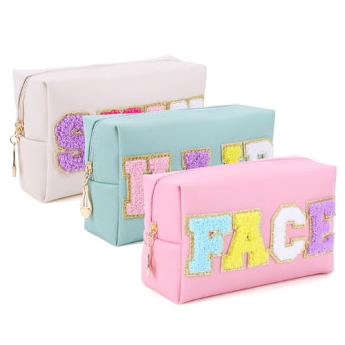 GETBSTOOP 3PCS Preppy Patch Makeup Tasche mit Patches Chenille Brief Gesicht Haar Haut Tasche Reißverschluss PU Leder für Frauen für Reisen Zubehör von GETBSTOOP