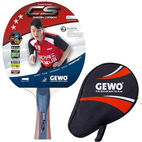 GEWO CS Energy Carbon Tischtennis-Schläger & GEWO Tischtennisschläger Hülle mit Ballfach rot - Profi-Tischtennisschläger, ITTF genehmigt, konkav, 1,8mm Schwamm von GEWO