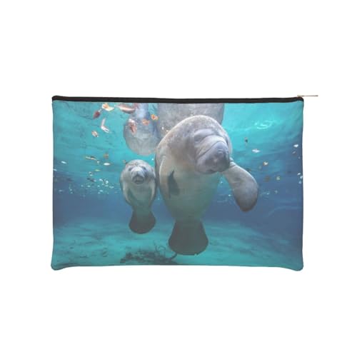 West Indian Manatees Bedrucktes Mehrzweck-Federmäppchen und Reisetasche, wiederverwendbar, praktische Make-up-Tasche aus Papier, Schwarz , Einheitsgröße von GGDCRFF