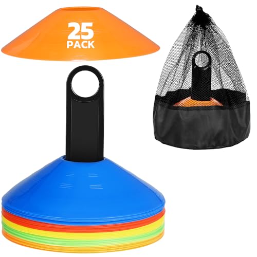 GHB Hütchen 25er Fussball Hütchen Fußball zubehör Slalom Hütchen Markierungshütchen für Fussball Training Agilität Geschenk Jungen Kinder Spieler mit Halter und Tragetasche von GHB