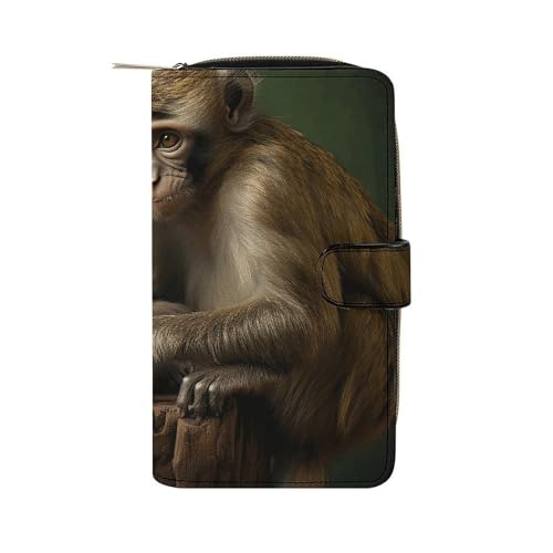 Damen Leder Geldbörse Lange Geldbörse für Männer Grün Vogel Malerei Wristlet Wallets mit 12 Kartenhalter Große Kapazität Münzfach, Wildlife Monkey, 19.7x11x3.5cm von GHBNK