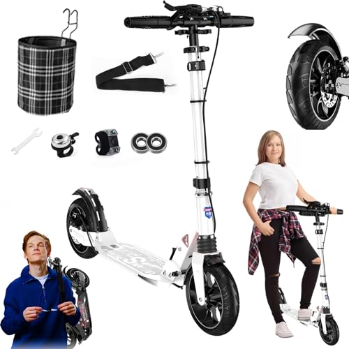 GHBXJX 200mm Big Wheel Scooter Tretroller Erwachsene 150 kg Tragkraft, City Roller für Erwachsene mit Bremsen und Stoßdämpfern, Kickboard Klappbar & Höhenverstellbar, Kinder Cityroller 8 Jahre,Weiß von GHBXJX