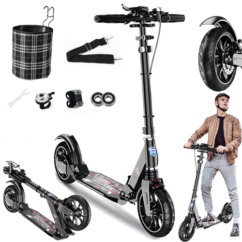 GHBXJX 200mm Big Wheel Scooter Tretroller Erwachsene 150 kg Tragkraft, City Roller für Erwachsene mit Bremsen und Stoßdämpfern, Kickboard Klappbar & Höhenverstellbar, Kinder Cityroller 8 Jahre,Schwarz von GHBXJX