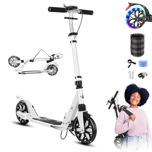 GHBXJX Big Wheel Scooter City Roller LED 200mm Roller Tretroller Klappbarer Scooter mit Handbremse, Höhenverstellbarer, Kinder ab 8 Jahre Mädchen Jungen Teenager, Faltbar Roller Erwachsene,Weiß von GHBXJX