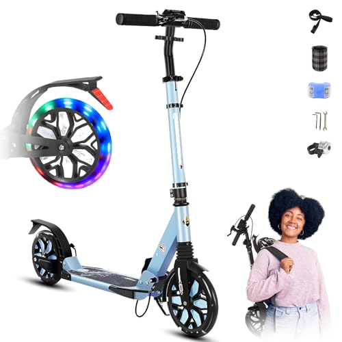 GHBXJX Big Wheel Scooter Pro Tretroller LED 200mm Roller Cityroller Klappbarer Scooter mit Handbremse, Tretroller Kinder ab 8 Jahre Mädchen Jungen Teenager, Faltbar Roller Erwachsene,Blau von GHBXJX