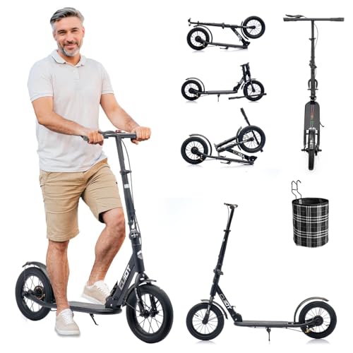 GHBXJX Cityroller Tretroller Scooter 4 höhenverstellbar | Mädchen Jungen | 290mm XXL Räder | Handbremse und Bremse | für Kinder und Erwachsene | Roller Kinder | Kickscooter,Schwarz von GHBXJX