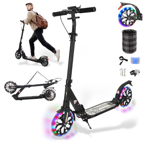 GHBXJX Tretroller Scooter Erwachsene mit Big LED Wheel Räder & Tragegurt - City Roller klappbar- Roller Kinder- Klappbar Lenker - m/hinterradbremse und Stoßdämpfer, 4 Höhenverstellbar,Schwarz von GHBXJX