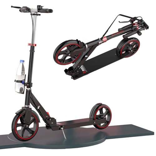 Scooter Cityroller Erwachsene 150 kg Tragkraft, Cityroller Scooter 230 mm Räder PU Big Wheel, City Roller Kinder 10 Jahre, klappbar und Höhenverstellbar mit Bremsen und Stoßdämpfern,Schwarz rot von GHBXJX