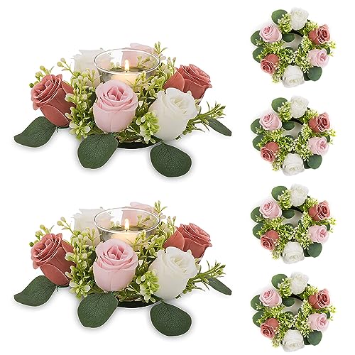 Artificial flowers Kleine Kerzenringe Kränze - 6 Stcs 21 cm Durchmesser staubig Rose und weiße falsche Rosen Künstliche Blumen Hochzeit Mittelstücke für Tische Frühling Sommerkranz für Hochzeiten der von GHMYU