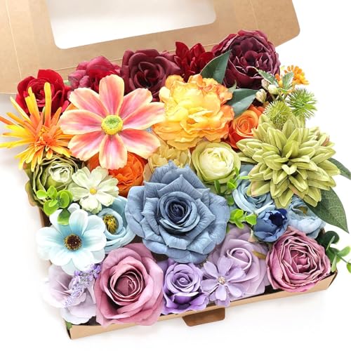 Artificial flowers Künstliche Blumen Kombinationskasten Set, Regenbogen farbenfrohe gefälschte Blumen Blumensträuße mit Drahtstiel für DIY Hochzeit Braut Bouquet Party Wohndekorationen Artificial von GHMYU