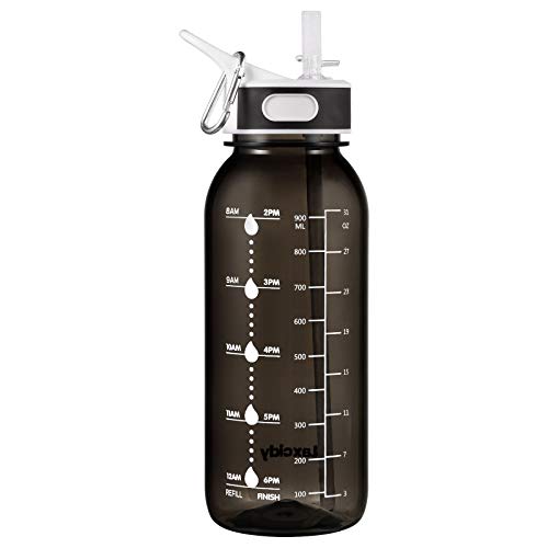 GHONLZIN Wasserflasche 1L Sports Bottle BPA-freier Trinkflasche mit Zeitmarkierungs-Tracker, Spülmaschinenfest Water Bottle für Fahrrad, Gym, Yoga, Outdoor, Camping von GHONLZIN