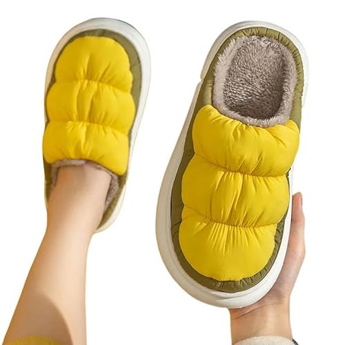 GHUUUJKI Hausschuhe Frauen Männer Hausschuhe Winter Warm Plüsch Wasserdicht Dicke Sohle Schuhe Casual Flats Home Paare Rutschfest Gelb-38-39(EUR 37-38) von GHUUUJKI