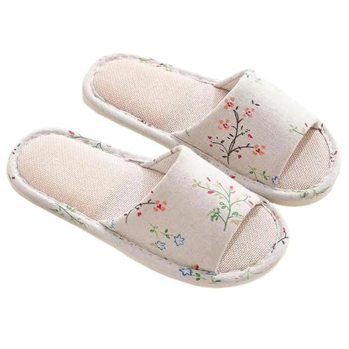 GHUUUJKI Hausschuhe Frauen Zuhause Hausschuhe Innenboden Paar Leinen Slipper Floral Leichte Unisex Schuhe Damen Offene Zehe Flip Flops-Grasgrün-37-38 Länge25Cm von GHUUUJKI