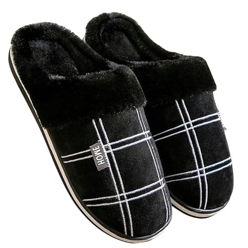 GHUUUJKI Hausschuhe Große Größe 50-51Plaid Haus Hausschuhe Mann Memory Foam Winter Plüsch Indoor Männliche Schuhe Warmes Zuhause Antirutsch-Schwarz-46-47(27.1-28Cm) von GHUUUJKI