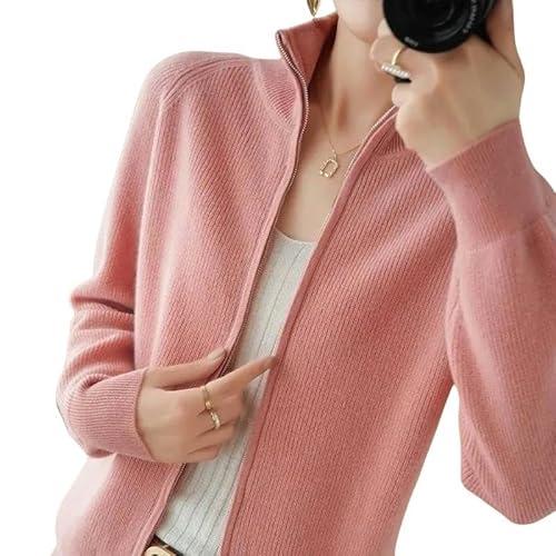 GHUUUJKI Pullover Damen Frühlings Gestrickte Pullover -Strickjacke Frauen Stehende Hals Locker Schräg Gestrickte Pullover Reißverschluss Solid Color Jacke-Rosa-S von GHUUUJKI