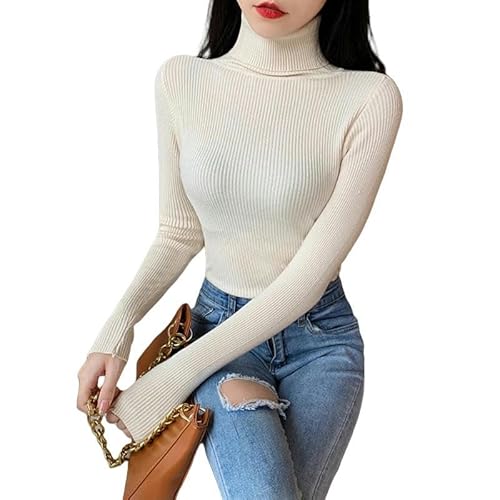 GHUUUJKI Pullover Damen Herbst Winter Frauen Langärmel Strick Foldover Schildkröte Hals Ripped Pullover Weich Warm Femme Pullover-Beige-Einheitsgröße von GHUUUJKI