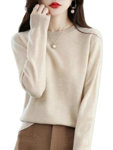 GHUUUJKI Pullover Damen Kaschmir-Frauen-Pullover O-Neck Pullover Frühling Herbst Kaschmir Strickwege Basis Weibliche Langarm-Kleidung Top-Beige-XL von GHUUUJKI