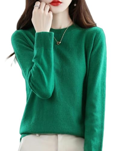 GHUUUJKI Pullover Damen Kaschmir-Frauen-Pullover O-Neck Pullover Frühling Herbst Kaschmir Strickwege Basis Weibliche Langarm-Kleidung Top-Grün-L von GHUUUJKI