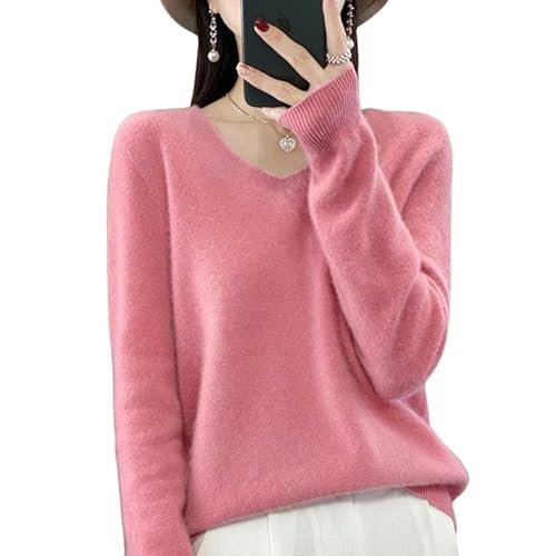 GHUUUJKI Pullover Damen Kaschmir Kaschmir Pullover Frauen V-Ausschnitt Pullover Casual Strick Top Herbst Und Winter Frauen Mantel Mode-Rosa-M von GHUUUJKI