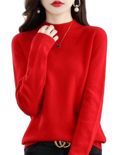 GHUUUJKI Pullover Damen Mode Pullover Frauen Mock-Neck Strickwaren Kaschmir Pullover Herbst Winter Langärmelige Pullover Kleidung Tops-Rot-L von GHUUUJKI