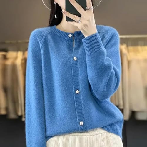 GHUUUJKI Pullover Damen Pullover Herbst/Winter -Strickjacke Kurzjacke Lose Top Damen Fauzer Sternstern Sternknopf Strickpullover-Blau-XL von GHUUUJKI