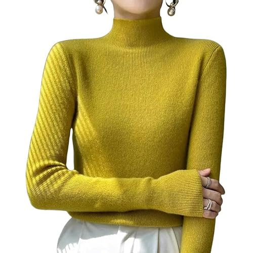 GHUUUJKI Pullover Damen Solide Pullover Frauen Half Turtleneck Gestrickte Pullover Dicke Strickwaren Herbst Winter Mode Schlanke Pullover-Senfgelb-S von GHUUUJKI