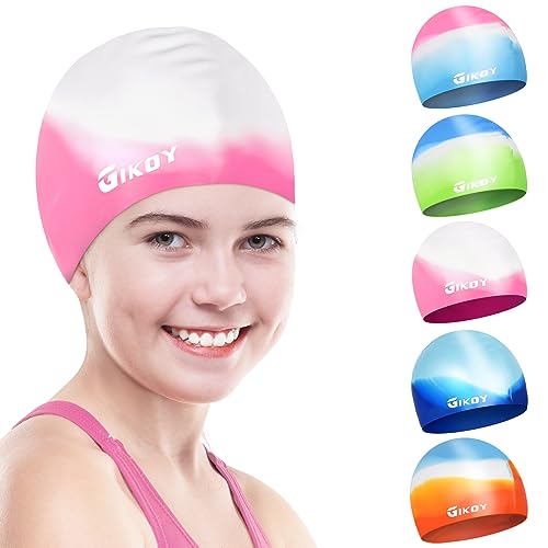 GIKOY Badekappe Kinder Lange Haare, Schwimmkappe für Mädchen Jungen im Alter von 5 bis 14 Jahren, 3D Dehnbare & Bequeme Badehaube, Silikon wasserdichte Schwimmhaube, Pink, S von GIKOY