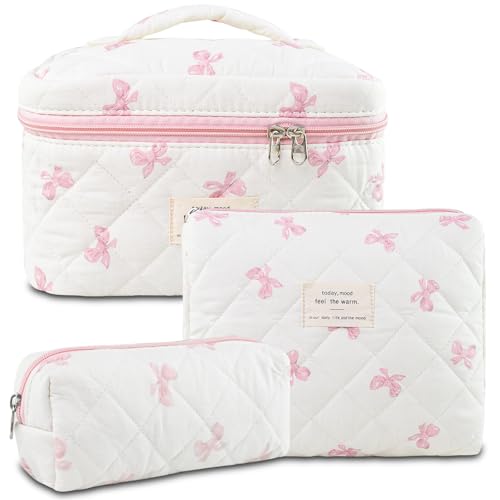 Make-up-Tasche, Baumwolle, gesteppt, Reise-Kosmetiktasche, niedliches Blumenmuster, große Kulturtasche für Damen und Mädchen, 3 Stück, Schleife rosa, Für den täglichen Gebrauch Make-up-Tasche, Baumwolle, gesteppt, Reise-Kosmetiktasche, niedliches Blumenmuster, große Kulturtasche für Damen und Mädchen, 3 Stück, Schleife rosa, Für den täglichen Gebrauch von GISMTR
