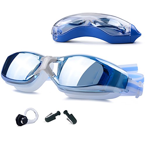 GIVBRO Schwimmbrille Anti-Beschlag 100% UV-Schutz- wasserdicht- Unisex Taucherbrille+ 2 × Ohrstöpsel+ 1 × Nasenclips+ 1 × Box auch für Erwachsene und Jugendliche geeignet 2 Farben(Schwarz Blau) von GIVBRO