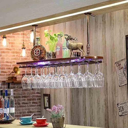 Weinregal Hängendes Weinregal mit Glashalter und Ablage, deckenmontiertes Weinregal mit Neonlichtern, verstellbarer industrieller hängender Weinflaschenhalter, Metalldeckenregal für Bar, Café, Küche von GJDHUQO