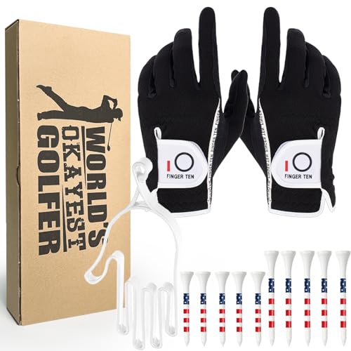 Golfhandschuhe für Herren, Regengriff, Geschenk-Set, schwarz, beide Hände, heißes und nasses Wetter, 10 Stück, USA-Flagge, Holz, Golf-Tees, Golfhandschuhe, Dehnungshalter, Golf-Set (XL) von GKandi