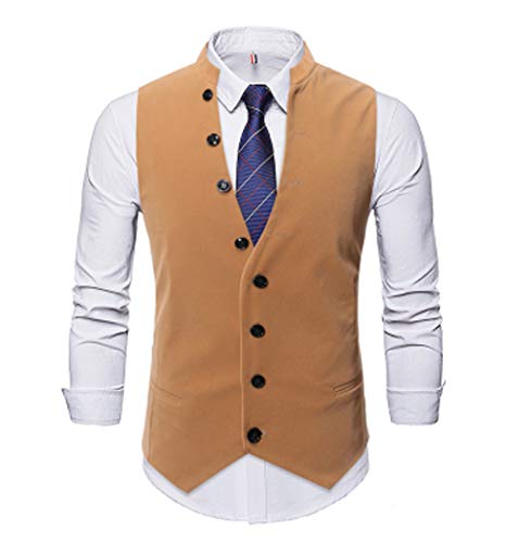 GL SUIT Herren Weste beiläufige Stehkragen Einreiher Weste Klassische Slim Fit Formal Feste Weste mit Taschen für Hochzeit Geschäfts Party-,Khaki,M von GL SUIT