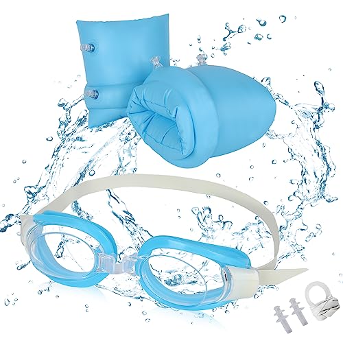Schwimmflügel,Aufblasbare Schwimmarmbänder,Kinder Schwimmflügel mit Verstellbare Schwimmbrille,Aufblasbare Schwimmärmel aus PVC für Jungen und Mädchen im Alter von 1–6 Jahren (Blau) von GLAITC