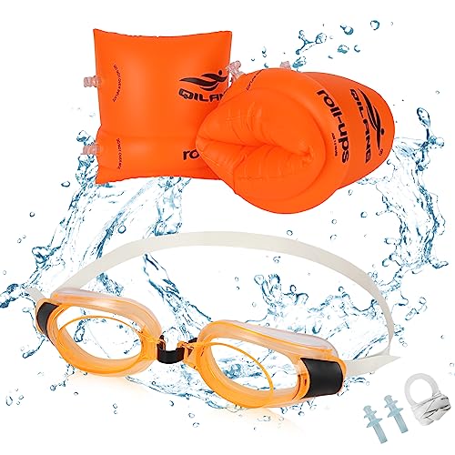 Schwimmflügel,Aufblasbare Schwimmarmbänder,Kinder Schwimmflügel mit Verstellbare Schwimmbrille,Aufblasbare Schwimmärmel aus PVC für Jungen und Mädchen im Alter von 1–6 Jahren (orange) von GLAITC
