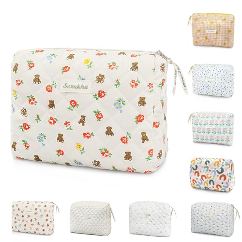 Reise-Kulturbeutel, Baumwolle, Blumenmuster, Reise-Make-up-Tasche, tragbare Kosmetiktasche, Reise-Make-up-Aufbewahrungstasche für Frauen und Mädchen, Bär-weiß, Floral Reise-Kulturbeutel, Baumwolle, Blumenmuster, Reise-Make-up-Tasche, tragbare Kosmetiktasche, Reise-Make-up-Aufbewahrungstasche für Frauen und Mädchen, Bär-weiß, Floral von GLGHMH