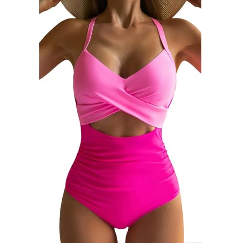GLYLFQZJ Bikini Damen Hollow Cross Halter Bikini Strand Badeanzug (Mit Brustpolster Ohne Stahl BH)-Hot Pink-S von GLYLFQZJ
