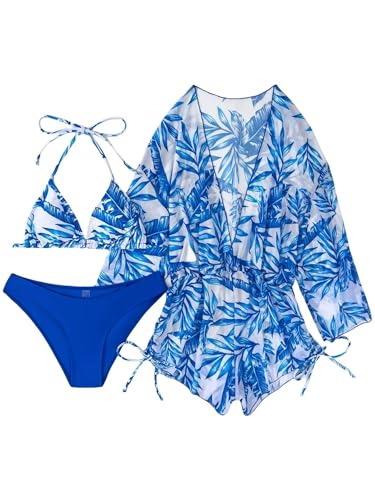 GLYLFQZJ Bikini Frauen 3-Stücke Bikini Tropical Print Badeanzug Bademode Frauen Langarm Badeanzug Weibliche Bademode Urlaub Outfits-Blau-L von GLYLFQZJ