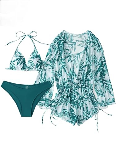 GLYLFQZJ Bikini Frauen 3-Stücke Bikini Tropical Print Badeanzug Bademode Frauen Langarm Badeanzug Weibliche Bademode Urlaub Outfits-Grün-L von GLYLFQZJ
