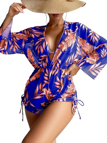 GLYLFQZJ Bikini Frauen 3-Stücke Bikini Tropical Print Badeanzug Bademode Frauen Langarm Badeanzug Weibliche Bademode Urlaub Outfits-Lila-L von GLYLFQZJ