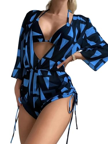 GLYLFQZJ Bikini Frauen 3-Stücke Bikini Tropical Print Badeanzug Bademode Frauen Langarm Badeanzug Weibliche Bademode Urlaub Outfits-Schwarz Blau-S von GLYLFQZJ