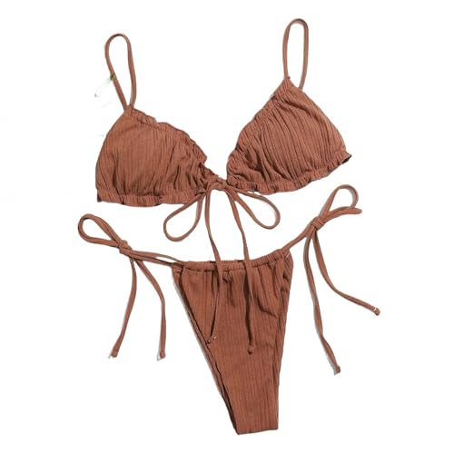 GLYLFQZJ Bikini Mode Frau Sommer Bikini Set Einfarbige Bandage Stretch Badeanzug Bademode Mini String Bikini Weiblicher Badeanzug-Khaki-L von GLYLFQZJ