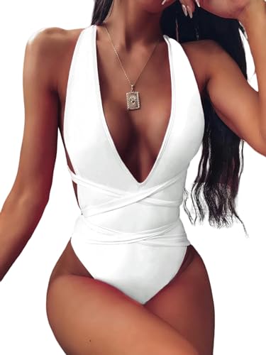 GLYLFQZJ Bikini Solide One Piece Badeanzug Frauen Push Up Lace Up Bandage Bodysuit Brasilianischer Tiefer V-Ausschnitt Rückenlose Badeanzug Badebekleidung-Weiß-L von GLYLFQZJ