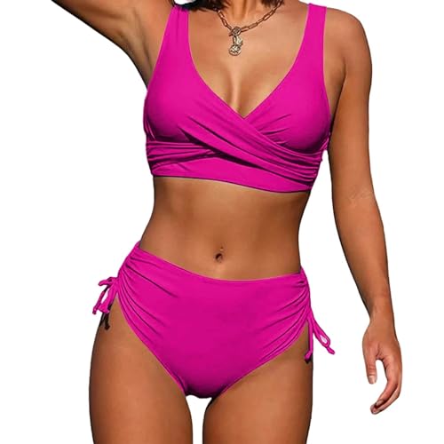 GLYLFQZJ Bikini Sommer Einfarbige Farbe Strand Casual Bikini Badeanzug Set Damen Mode High Taille Badeanzug Bikini Zweiteilig Set-Hot Pink-XL von GLYLFQZJ